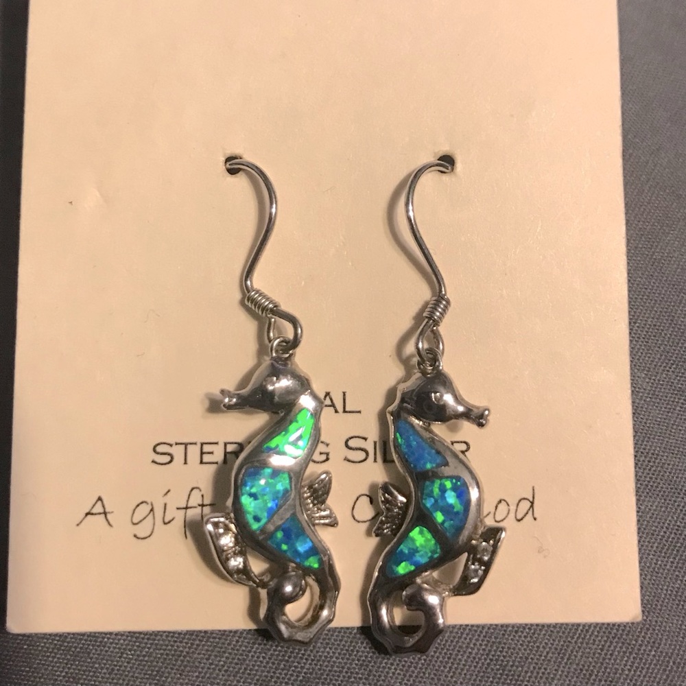 Sterling silver opal sea horse earrings